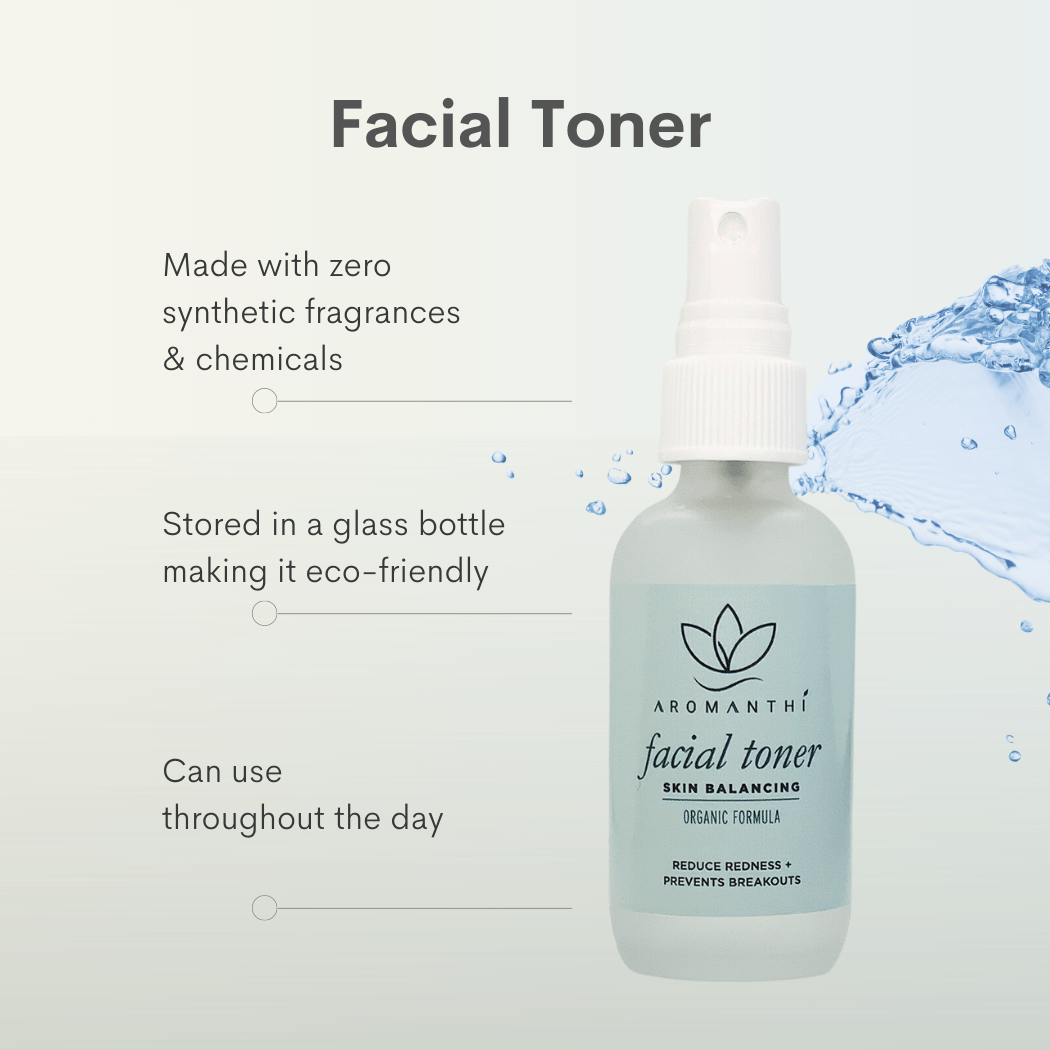 A pale green background with aromanthi facial toner and the text facial toner made with zero synthetic fragrances and chemicals, stored in a glass bottle making it eco-friendly, can use throughout the day