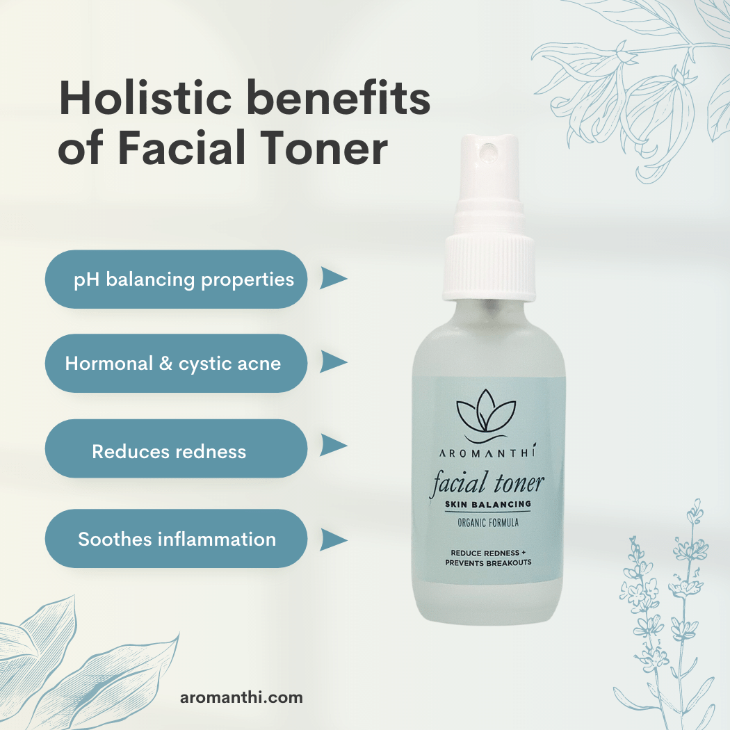 A pale blue background with floral illustrations and Aromanthi facial toner displayed with text Holistic benefits of facial toner. pH balancing properties, hormonal cystic acne, reduces redness, soothes inflammation.