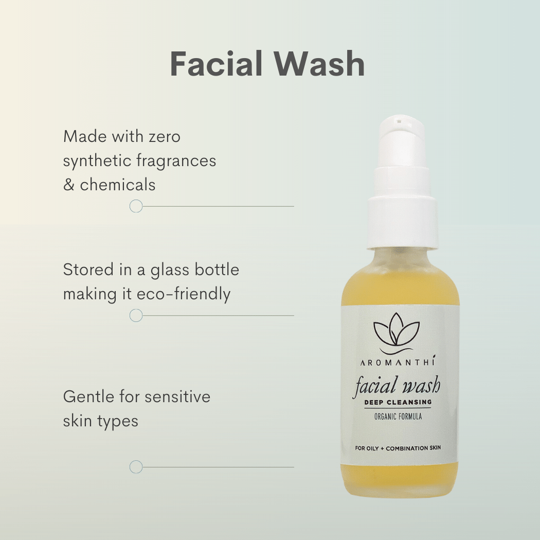 A photo of Aromanthi facial wash with the text made with zero synthetic fragrances and chemicals, stored in a glass bottle making it eco friendly, gentle for sensitive skin types.