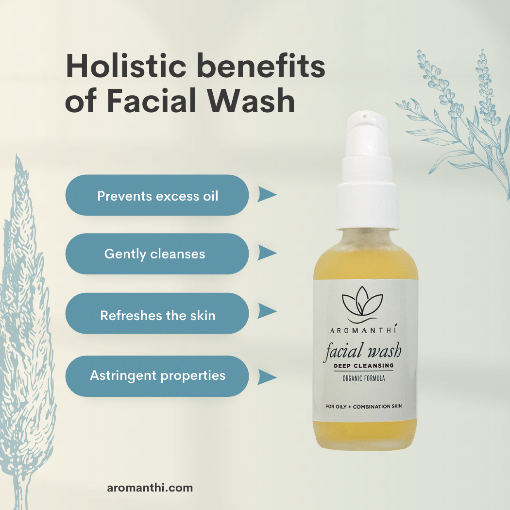 A light green background with facial wash and the text displayed Holistic benefits of facial wash prevents excess oil, gently cleanses, refreshes the skin, and astringent properties