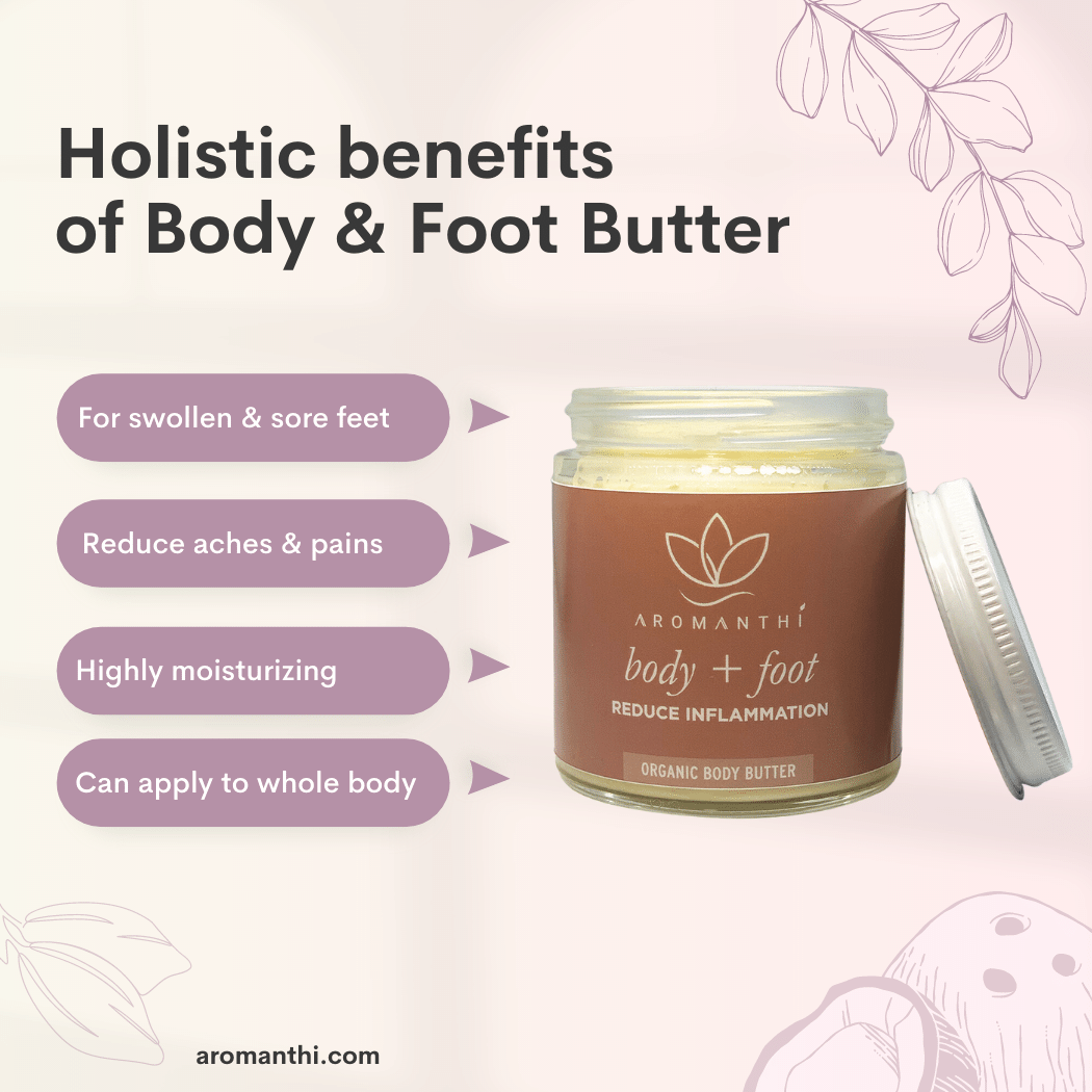 A pink background with florals that displays the foot and body butter jar with text holistic benefits of body and foot butter. For swollen and sore feet, reduce aches and pains, highly moisturizing, can apply to whole body.