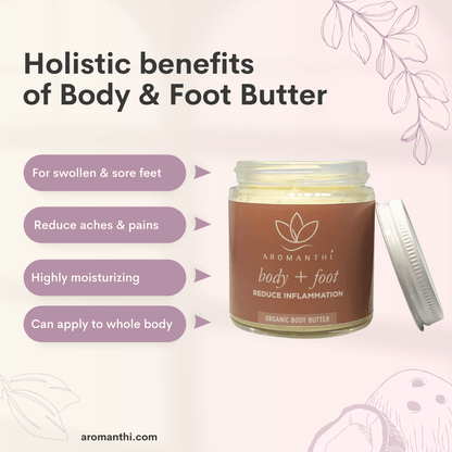 A pink background with florals that displays the foot and body butter jar with text holistic benefits of body and foot butter. For swollen and sore feet, reduce aches and pains, highly moisturizing, can apply to whole body.