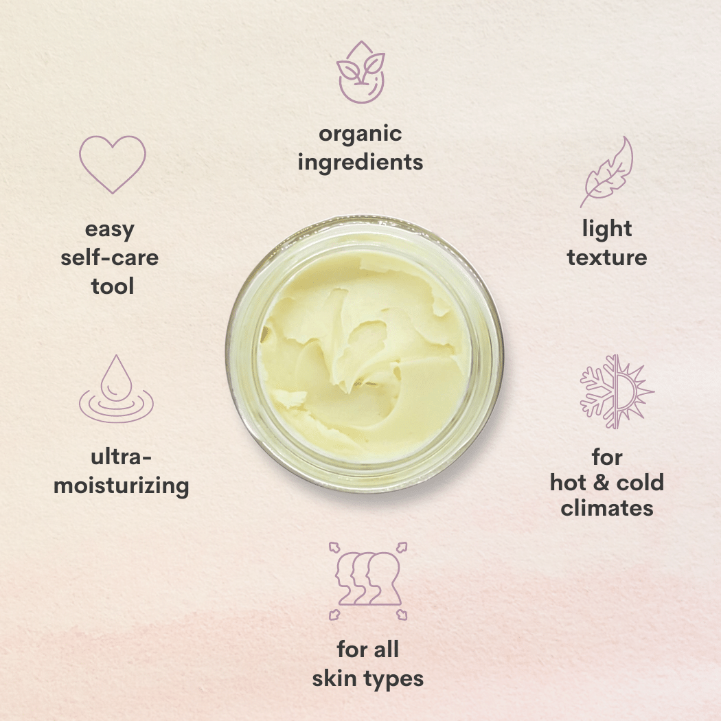 A pink background with a close up of the texture of foot and body butter stating the text organic ingredients, light texture, for hot and cold climates, for all skin types, ultra moisturizing, easy self care tool