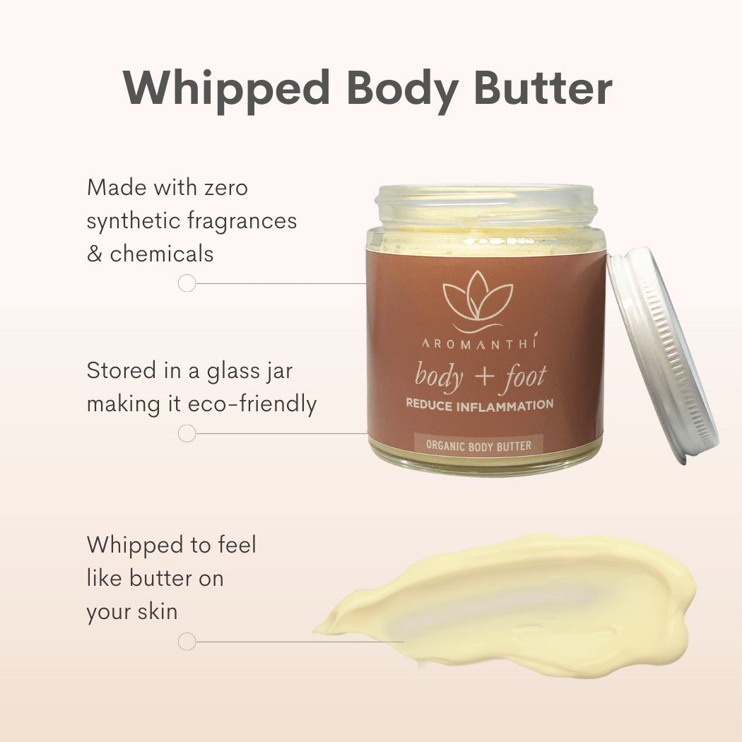 A photo of foot and body butter jar and texture with the text whipped body butter made with zero synthetic fragrances and chemicals, stored in a glass jar making it eco friendly, whipped to feel like butter on your skin.