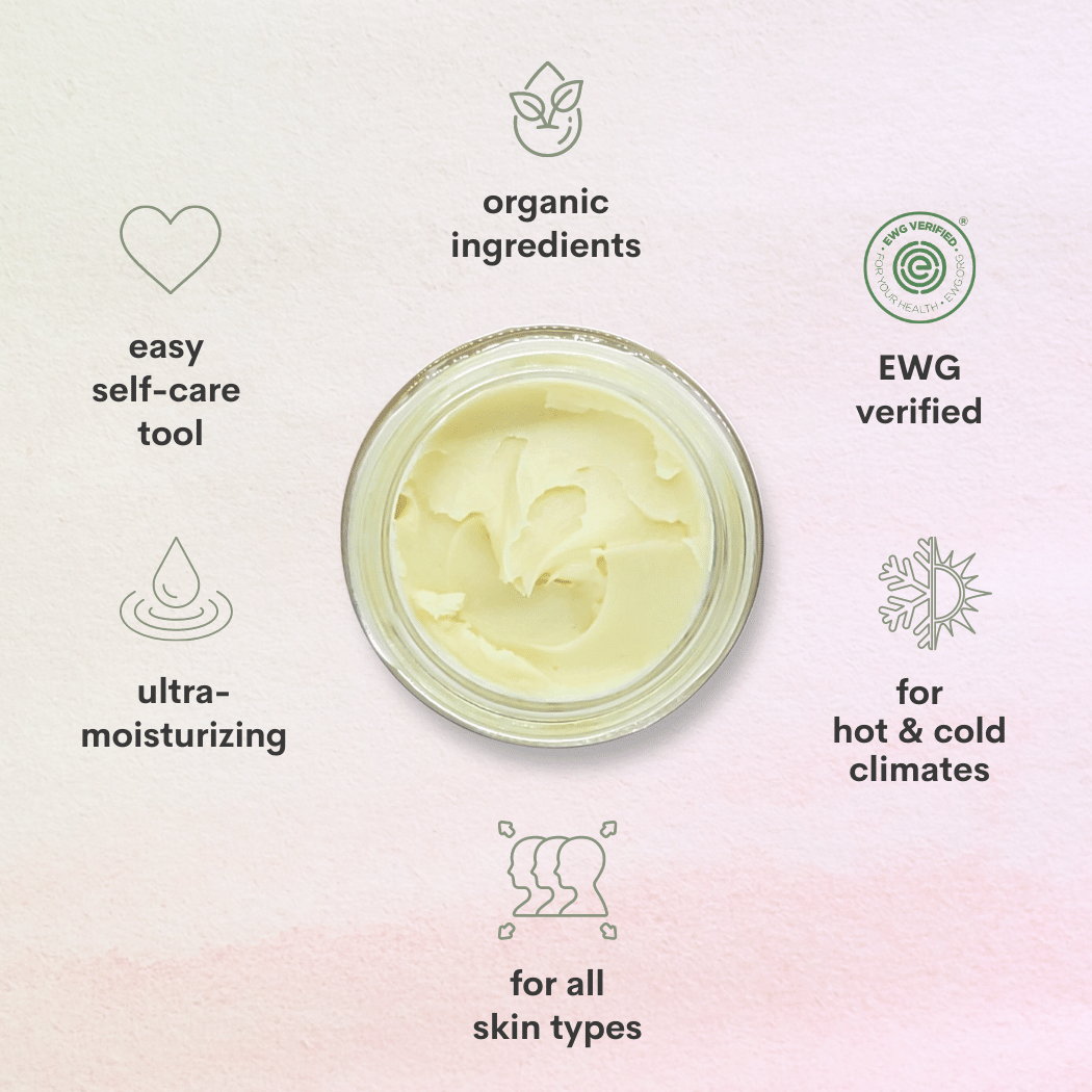 A visual of the texture of gemma's blend body butter with key features that includes the following text. Organic ingredients, light texture, for cold and hot climates, for all skin types, ultra moisturizing, and easy self care tool.