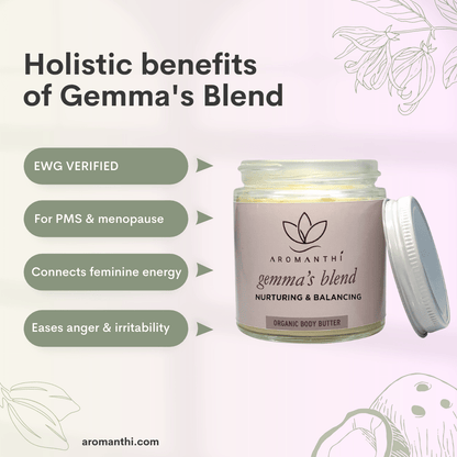 A pink floral background with Gemma's blend body butter that displays the text Holistic benefits of Gemma's blend. Eases anger and irritability, for PMS and menopause, Connects feminine energy, Nurtures emotions.