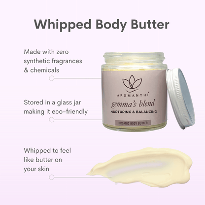 Gemma's blend whipped body butter displayed against a pink background with the text made with zero synthetic fragrances and chemicals, stored in a glass jar making it eco-friendly, whipped to feel like butter on your skin.