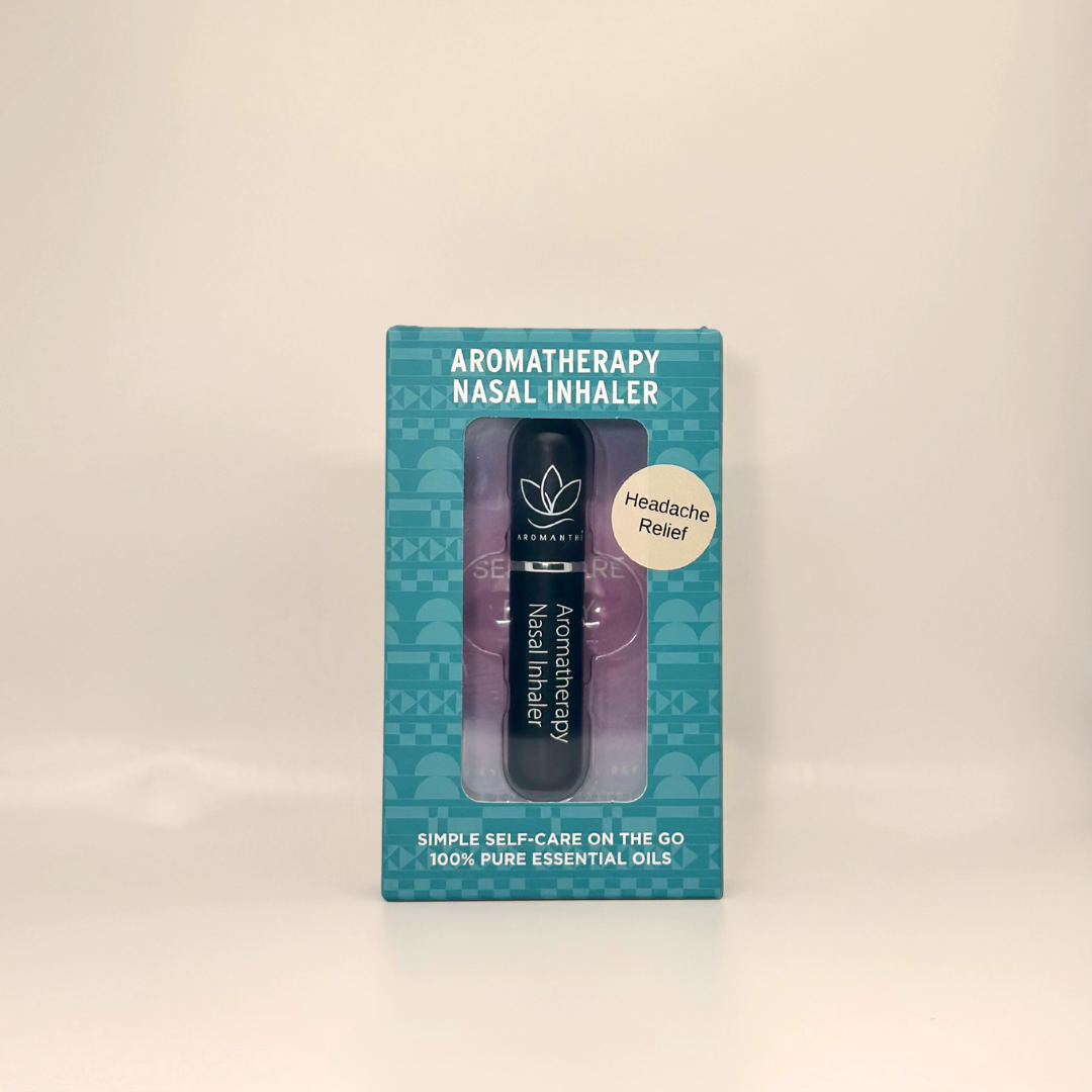 A display of the ecofriendly Aromanthi headache relief aromatherapy nasal inhaler for simple self care on the go made with 100% pure essential oils in black color option