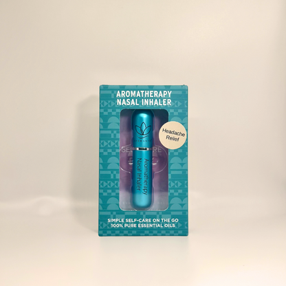 A display of the ecofriendly Aromanthi headache relief aromatherapy nasal inhaler for simple self care on the go made with 100% pure essential oils in blue color option