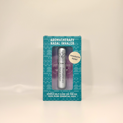 A display of the ecofriendly Aromanthi headache relief aromatherapy nasal inhaler for simple self care on the go made with 100% pure essential oils in silver color option
