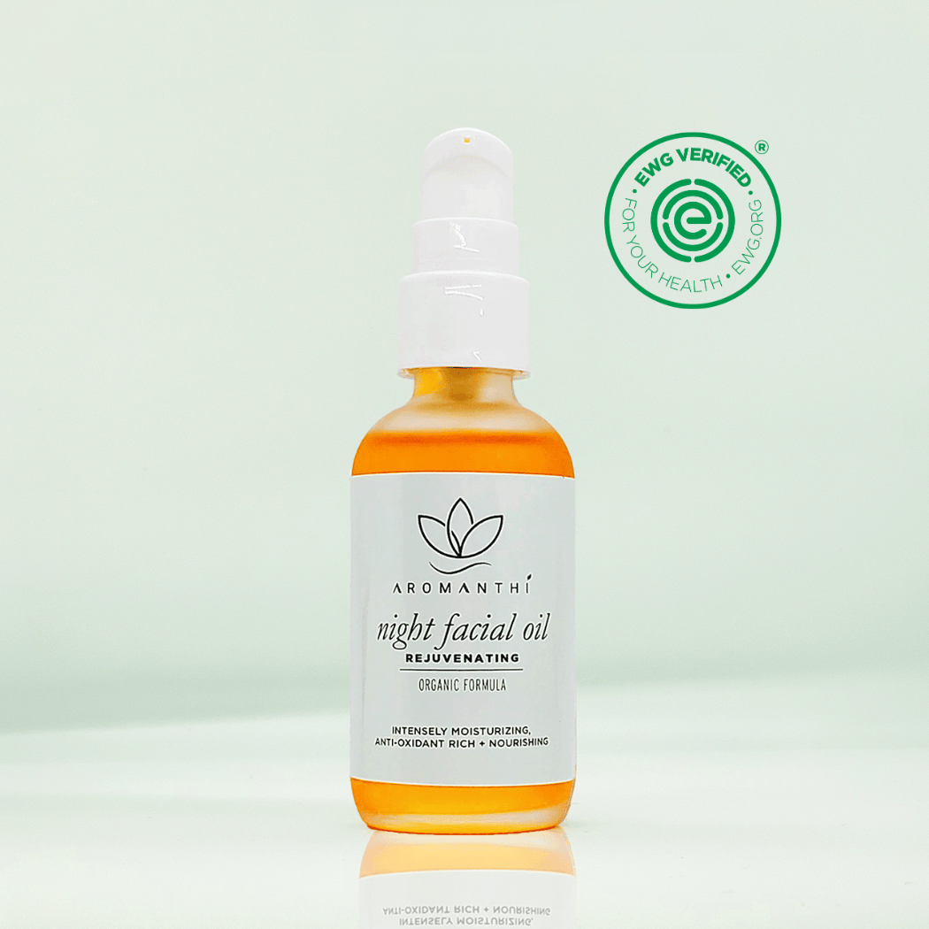 Aromanthi Night Face Oil - Aromanthi Clean Beauty & Wellness. Made with essential oils like vetiver, patchouli, frankincense and tea tree oil. Combined with rosehip seed oil and grapeseed oil. EWG Verified