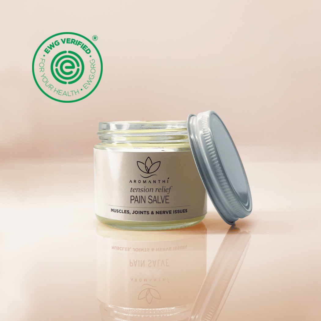 Pain Salve from Aromanthi Clean Beauty & Wellness is a plant-based blend of essential oils blended with coconut oil, jojoba oil, and rose hydrosol and beeswax. It soothes tenson build up and provides relief from sore muscles. Use on your feet, lower back, and other areas to help alleviate discomfort.