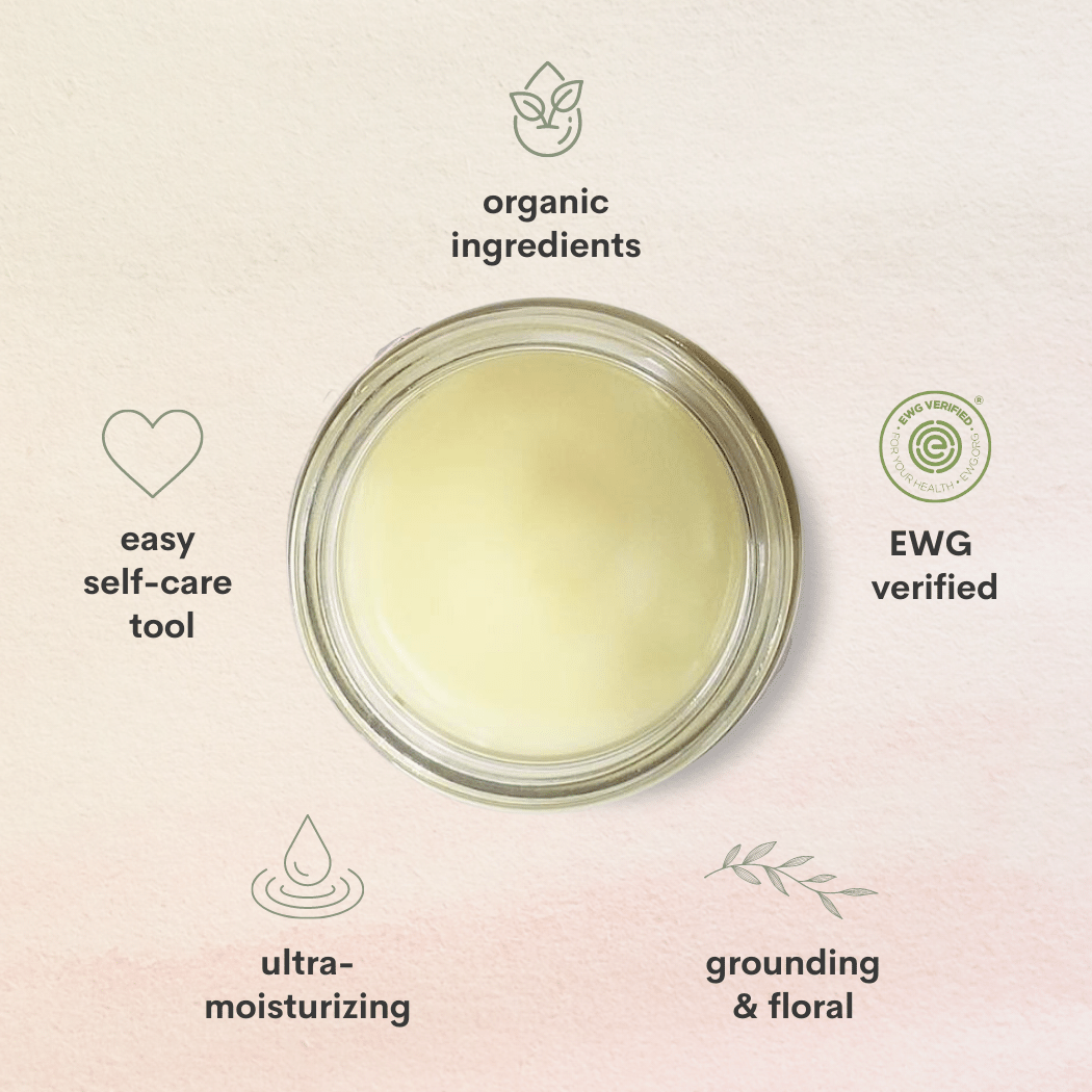 A photo of the pain salve texture with symbols stating organic ingredients, easy self-care tool, EWG verified, ultra moisturizing, grounding and floral.
