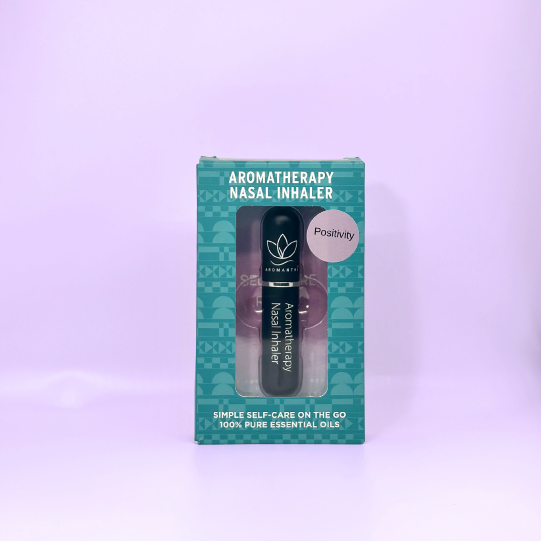 A display of the ecofriendly Aromanthi positivity aromatherapy nasal inhaler for simple self care on the go made with 100% pure essential oils in black color option