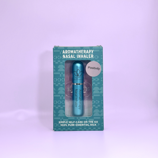 A display of the ecofriendly Aromanthi positivity aromatherapy nasal inhaler for simple self care on the go made with 100% pure essential oils in blue color option