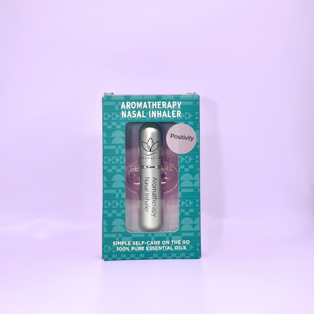A display of the ecofriendly Aromanthi positivity aromatherapy nasal inhaler for simple self care on the go made with 100% pure essential oils in silver color option