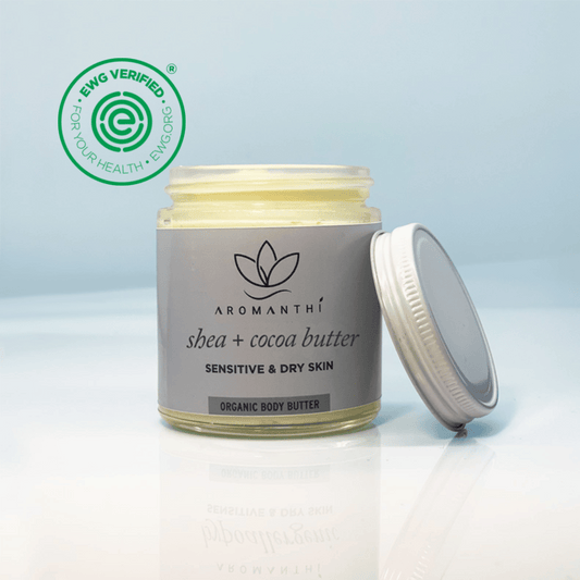 Shea + Cocoa Butter Whipped Body Butter by Aromanthi. A body butter base of beeswax, coconut oil, jojoba oil, cocoa butter and shea butter. Whipped to perfection for ultra-moisturizing and soothing skin. For sensitive skin types. Use natural benefits of aromatherapy for your daily massage.