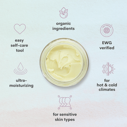 A photo of the body butter texture with symbols showing organic ingredients, easy self-care tool, ultra-moisturizing, for sensitive skin types, for hot and cold climates, and EWG verified.