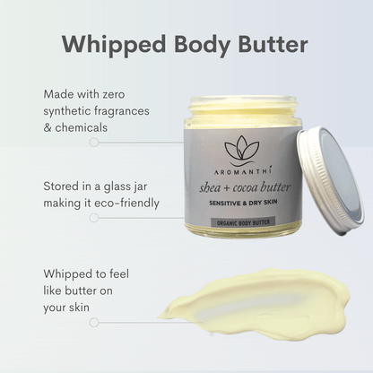 A photo of shea + cocoa butter jae that says whipped body butter. Made with zero synthetic fragrances and chemicals. Stored in a glass jar making it eco-friendly, and whipped to feel like butter on your skin.