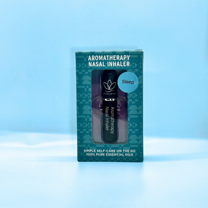 A display of the ecofriendly Aromanthi sleep aromatherapy nasal inhaler for simple self care on the go made with 100% pure essential oils in black color option
