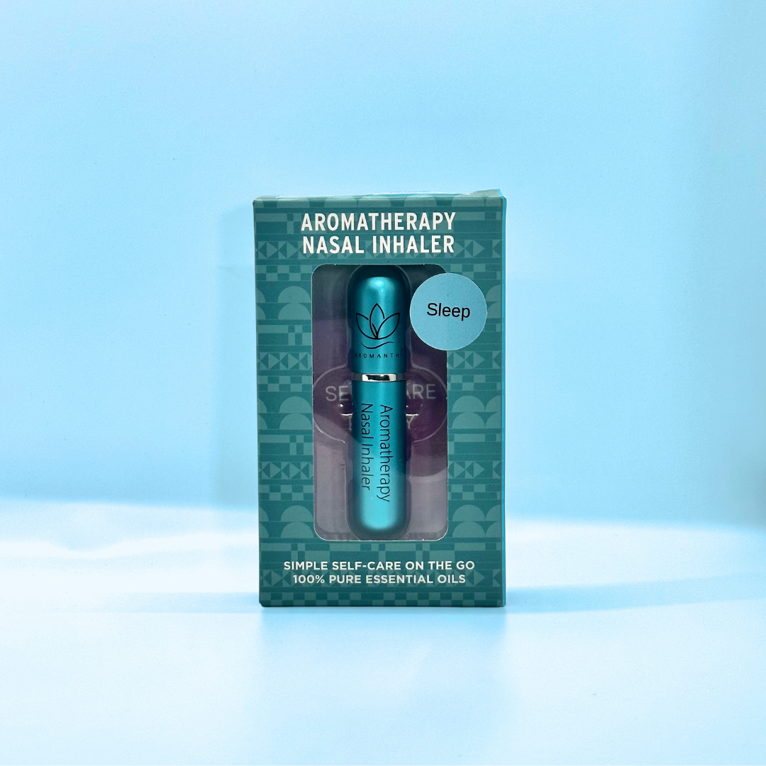 A display of the ecofriendly Aromanthi sleep aromatherapy nasal inhaler for simple self care on the go made with 100% pure essential oils in blue color option