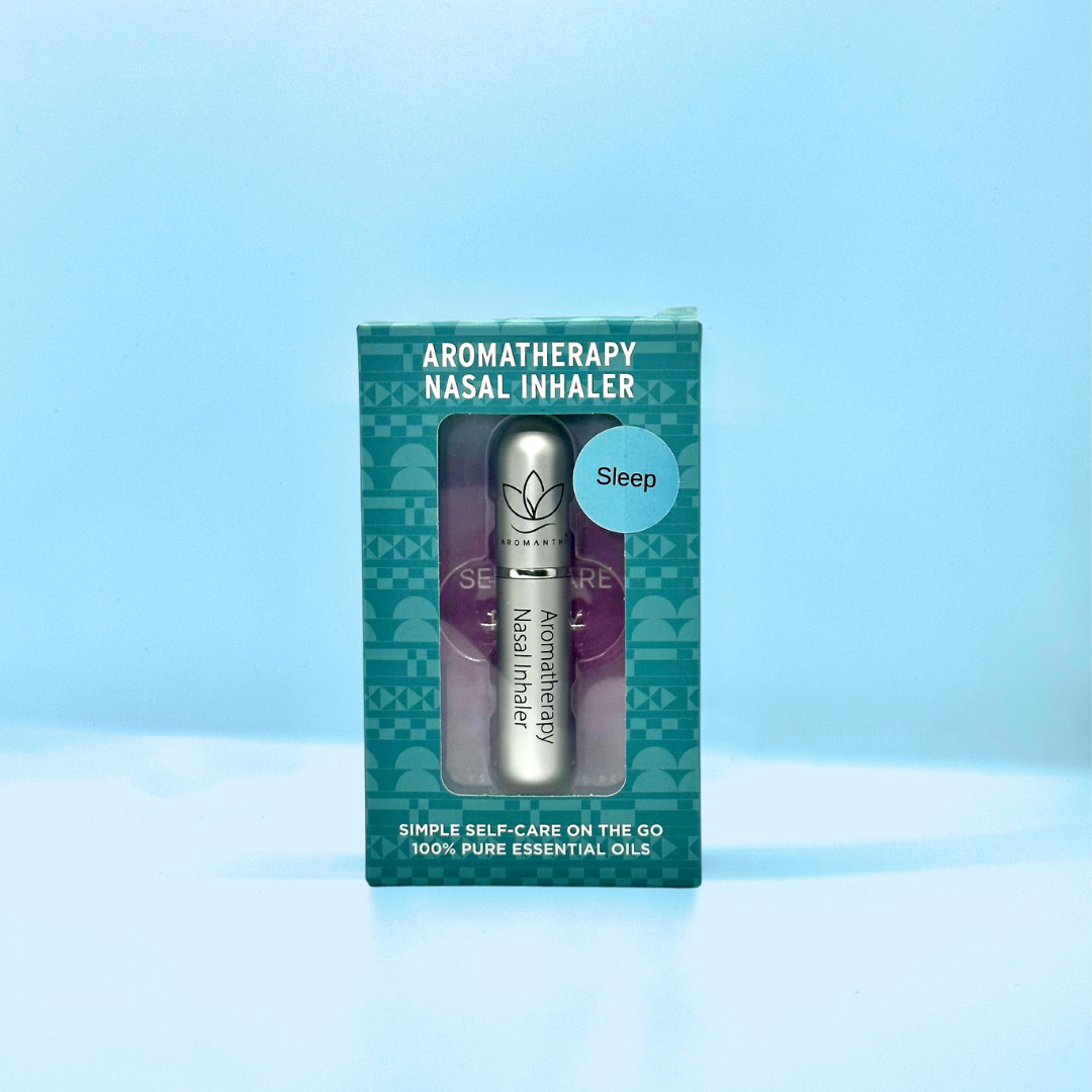 A display of the ecofriendly Aromanthi sleep aromatherapy nasal inhaler for simple self care on the go made with 100% pure essential oils in silver color option