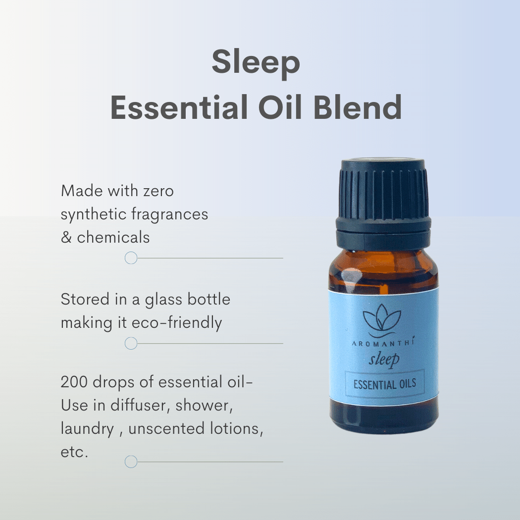A pale blue background with the sleep essential oil blend with the text made with zero synthetic fragrances and chemicals, stored in a glass bottle making it eco friendly, 200 drops of essential oil use in diffuser, shower, laundry, unscented lotions, etc. 