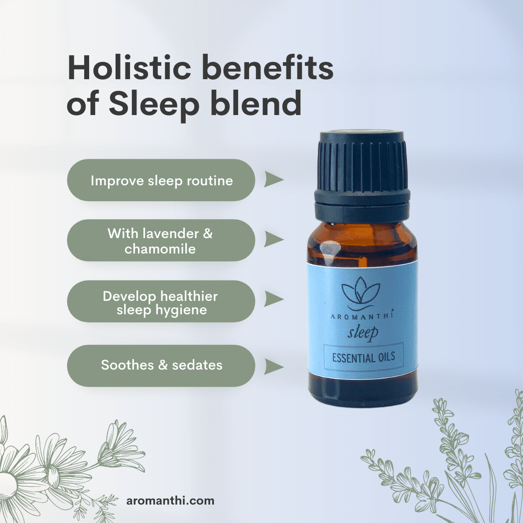 A pale blue backdrop with illustration of chamomile and lavender flowers with the sleep essential oil blend and the text holistic benefits of sleep blend. Improve sleep routine, with lavender and chamomile essential oils, develop healthier sleep hygiene, soothes and sedates