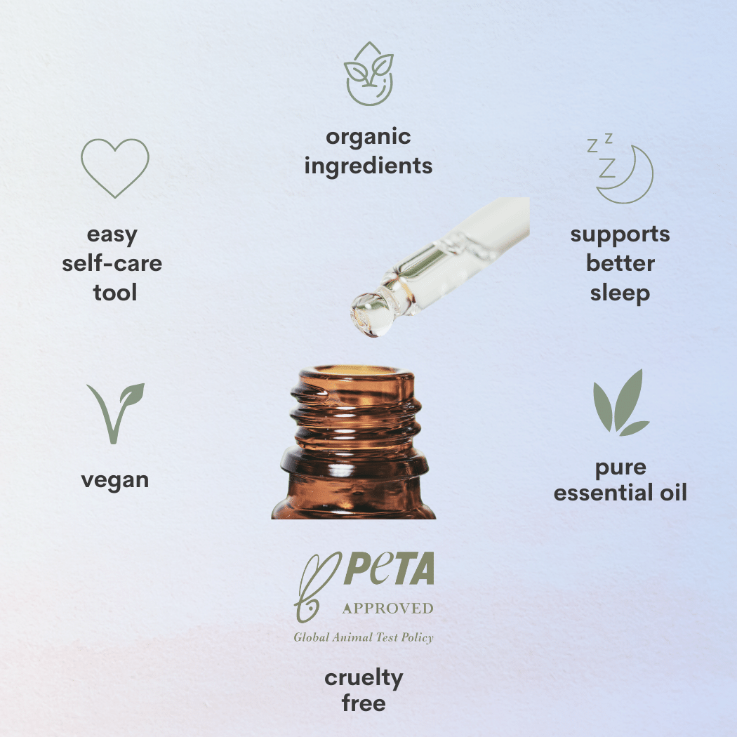 A pale blue background with an essential oil drop and symbols that state organic ingredients, supports better sleep, pure essential oil, peta approved cruelty free, vegan, easy self care tool