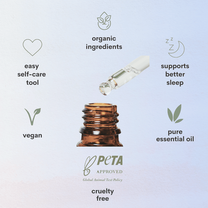 A pale blue background with an essential oil drop and symbols that state organic ingredients, supports better sleep, pure essential oil, peta approved cruelty free, vegan, easy self care tool