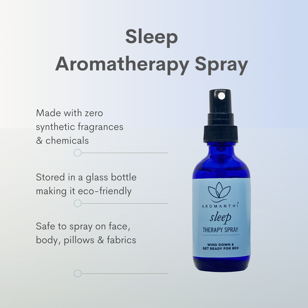 A pale blue backdrop with the sleep aromatherapy spray and text stating made with zero synthetic fragrances and chemicals, stored in a glass bottle making it eco friendly, safe to spray on face, body, pillows and fabrics