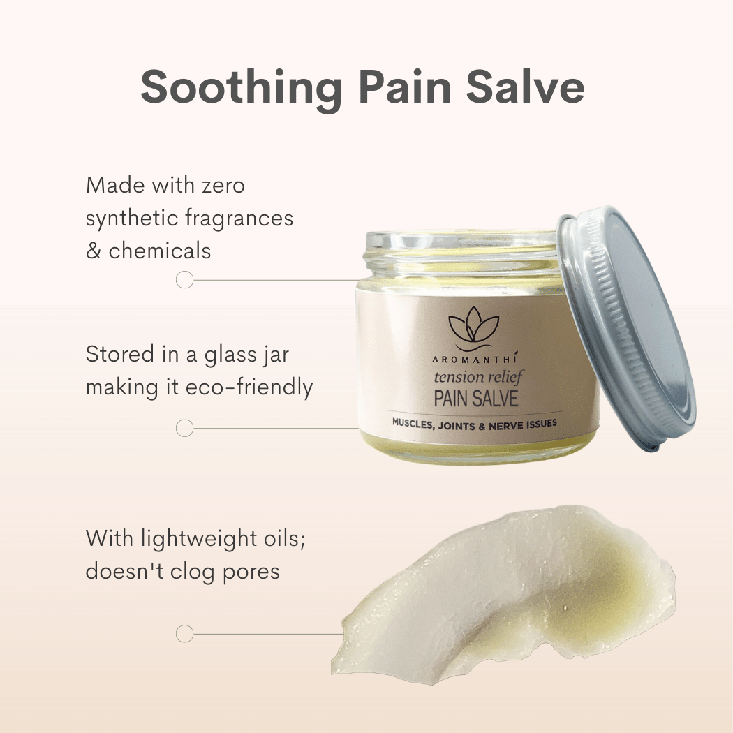 A photo of the jar with the words soothing pain salve. Made with zero synthetic fragrances and chemicals. Stored in a glass jar making it eco-friendly. With lightweight oils it doesn't clog pores.