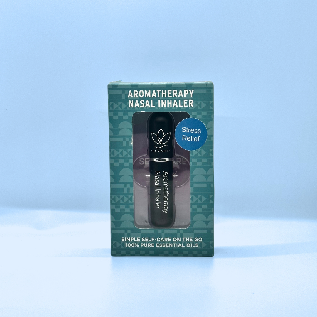 A display of the ecofriendly Aromanthi stress relief aromatherapy nasal inhaler for simple self care on the go made with 100% pure essential oils in black color option