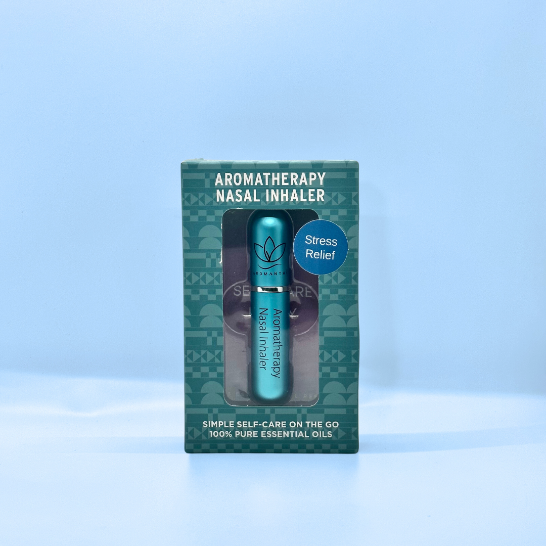 A display of the ecofriendly Aromanthi stress relief aromatherapy nasal inhaler for simple self care on the go made with 100% pure essential oils in blue color option
