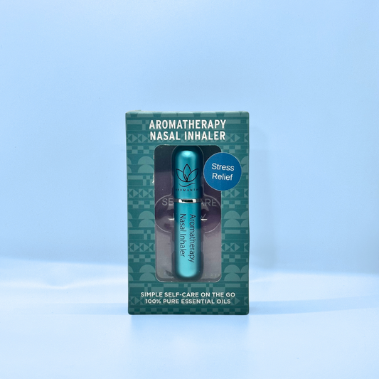 A display of the ecofriendly Aromanthi stress relief aromatherapy nasal inhaler for simple self care on the go made with 100% pure essential oils in blue color option