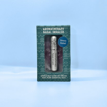A display of the ecofriendly Aromanthi stress relief aromatherapy nasal inhaler for simple self care on the go made with 100% pure essential oils in silver color option