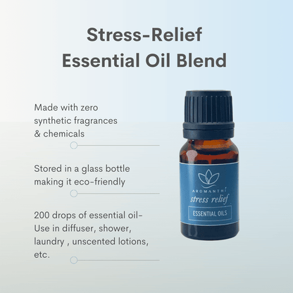 A pale backdrop and stress relief essential oil blend that states made with zero synthetic fragrances and chemicals, stored in a glass bottle making it eco friendly, 200 drops of essential oil use in a diffuser, shower, laundry, unscented lotions, etc.