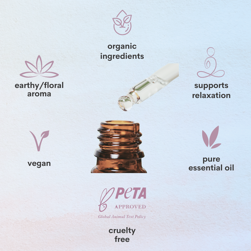 A pale blue backdrop with a zoomed in essential oil drop and symbols surrounding it stating organic ingredients, supports relaxation, pure essential oil, peta approved cruelty free, vegan product, and earthy and floral aroma.