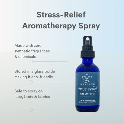 A pale blue backdrop with the stress relief aromatherapy spray bottle and the text made with zero synthetic fragrances and chemicals, stored in a glass bottle making it eco friendly, safe to spray on face, body and fabrics