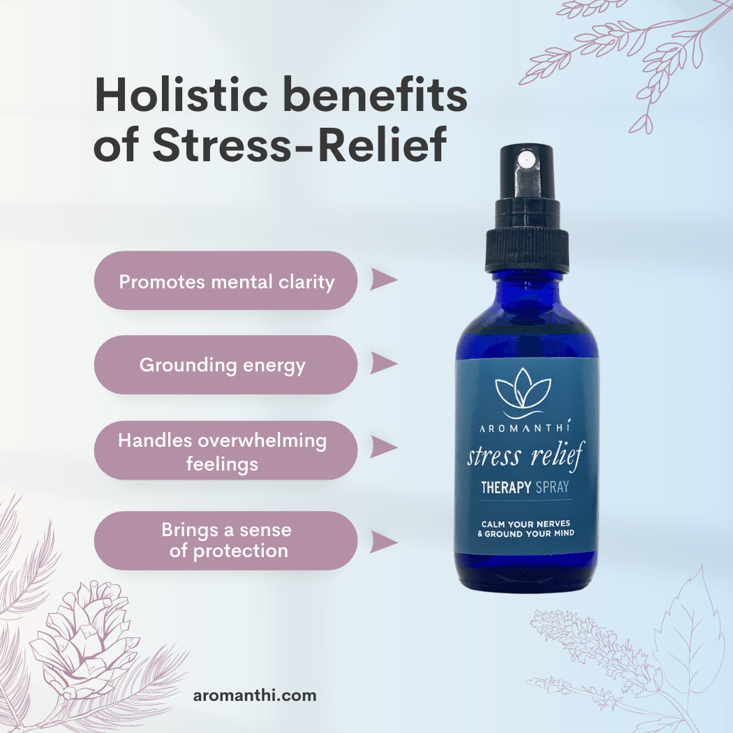 A pale blue backdrop with a stress relief aromatherapy spray and text stating holistic benefits of stress relief. Promotes mental clarity, grounding energy, handles overwhelming feelings, brings a sense of protection.