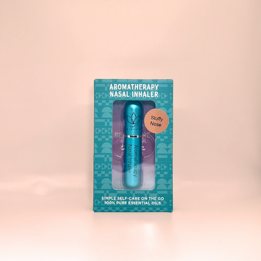 A display of the ecofriendly Aromanthi stuffy nose aromatherapy nasal inhaler for simple self care on the go made with 100% pure essential oils in blue color option