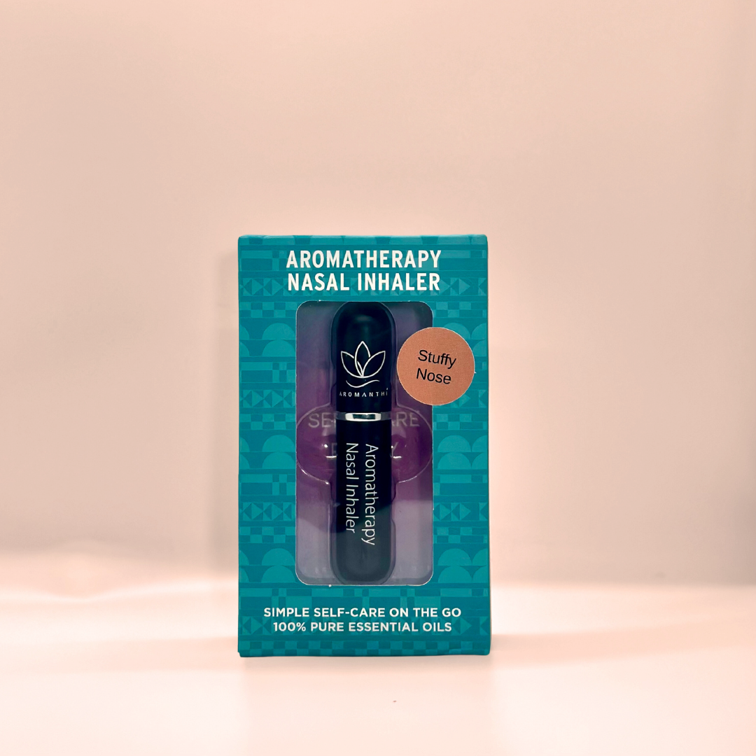 A display of the ecofriendly Aromanthi stuffy nose aromatherapy nasal inhaler for simple self care on the go made with 100% pure essential oils in black color option