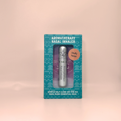 A display of the ecofriendly Aromanthi stuffy nose aromatherapy nasal inhaler for simple self care on the go made with 100% pure essential oils in silver color option