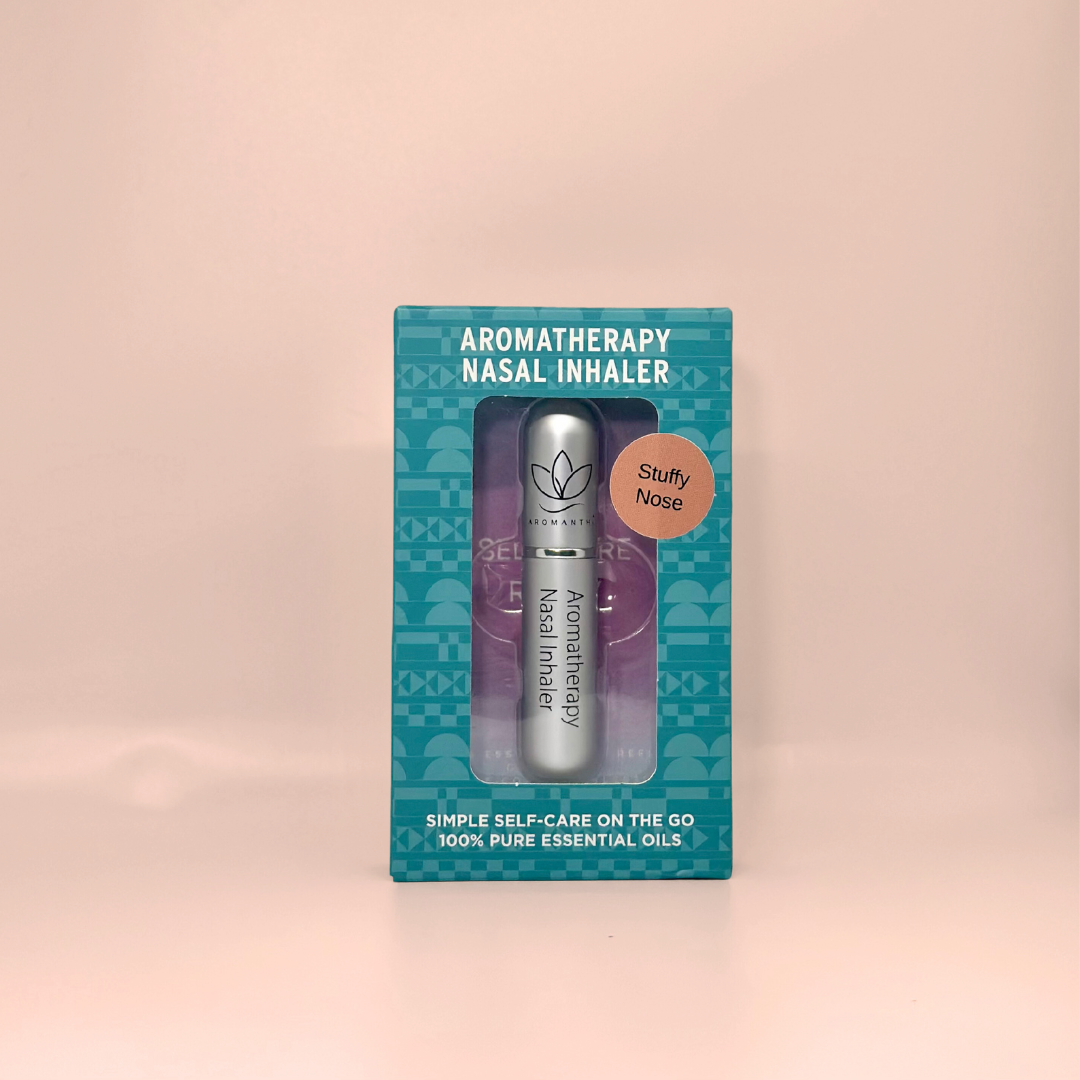 A display of the ecofriendly Aromanthi stuffy nose aromatherapy nasal inhaler for simple self care on the go made with 100% pure essential oils in silver color option