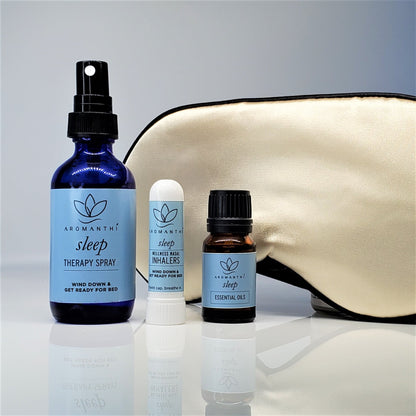 A photo of the Aromanthi sleep aid collection that includes the sleep aromatherapy spray, sleep nasal inhaler, and sleep essential oil blend
